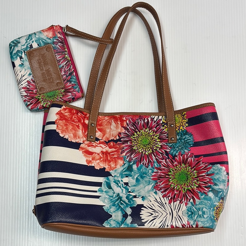 Nine West Floral Print Tote Bag with Matching Pouch